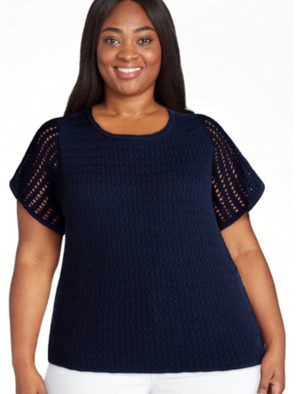 Time and Tru Women's Textured Crewneck Sweater with Short Sleeves, Navy, XXL 20